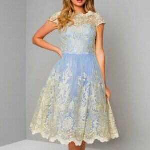 NWT - Chi Chi London - Kina Dress Chiffon Blue Gold - Size 10 Tall